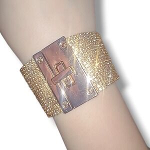Champagne Rhinestone Wide Cuff Bracelet 1.5" Glam‎ Crystal Statement 7.75"